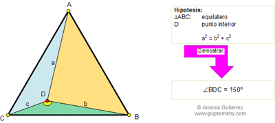 Problema de Geometría 101: Triangulo Equilátero, Punto Interior, Suma de Cuadrados, Angulo, 150 Grados