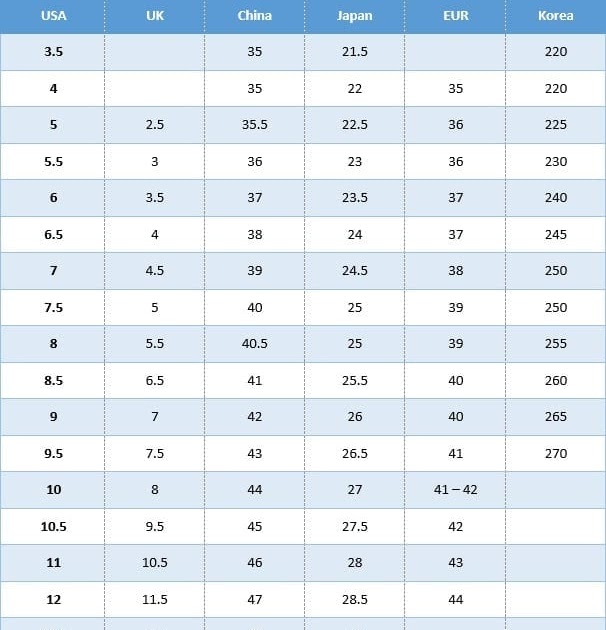 whitin shoes size chart
