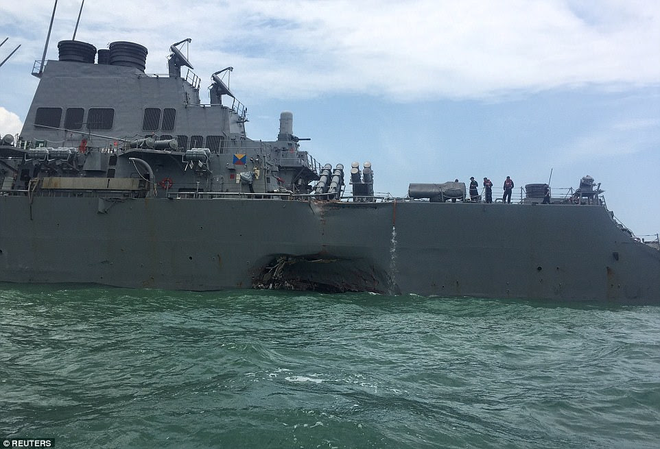 After the collision, the John McCain sailed under its own power and headed to port at Changi Naval Base in Singapore