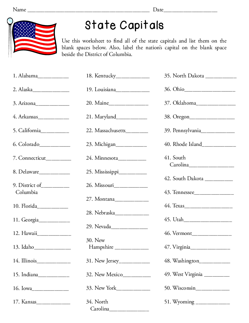 Us Map With States And Capitals Printable Inside States And Capitals Matching Worksheet