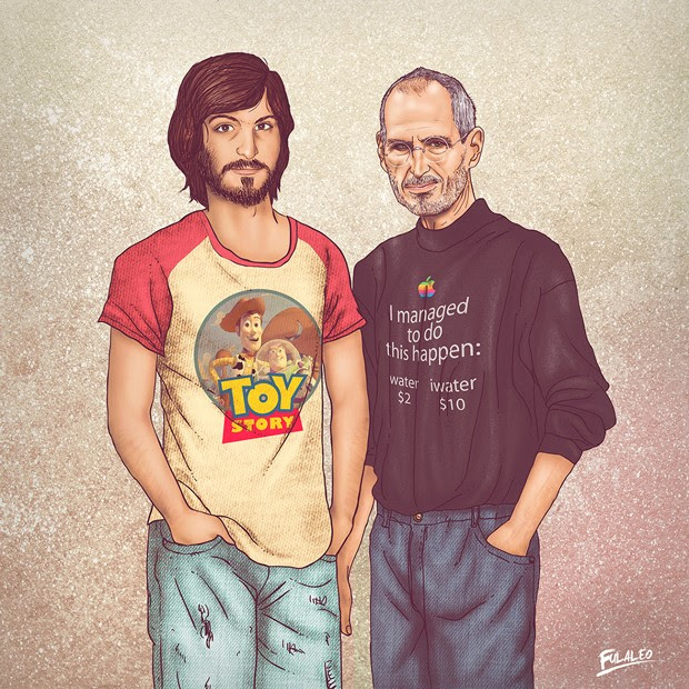 Finado Steve Jobs aparece de um lado com camiseta do filme 'Toy Story', do estúdio Pixar, comprado pela Apple, e do outro em versão adulta, pouco antes de sua morte (Foto: Behance/Fulaleo) Finado Steve Jobs aparece de um lado com camiseta do filme 'Toy Story', do estúdio Pixar, comprado pela Apple, e do outro em versão adulta, pouco antes de sua morte (Foto: Behance/Fulaleo)