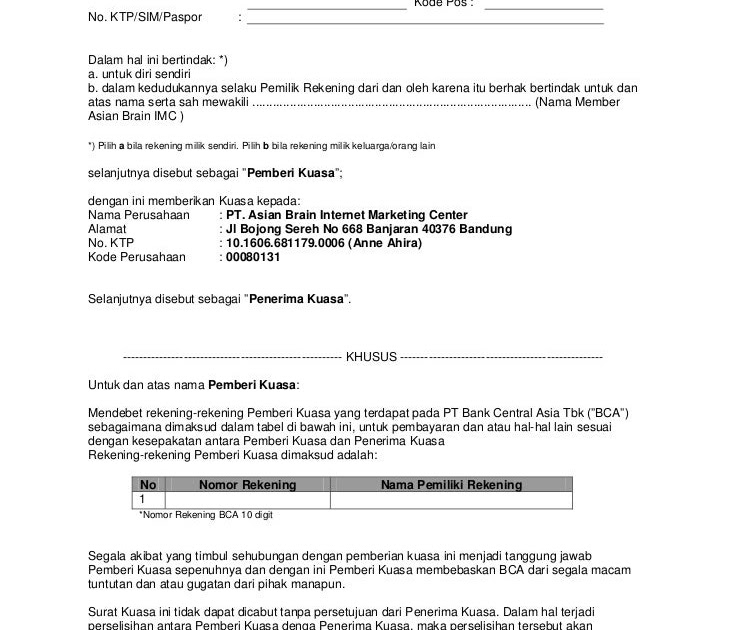 Contoh Surat Kuasa Pendebetan Rekening Bank  Contoh Surat