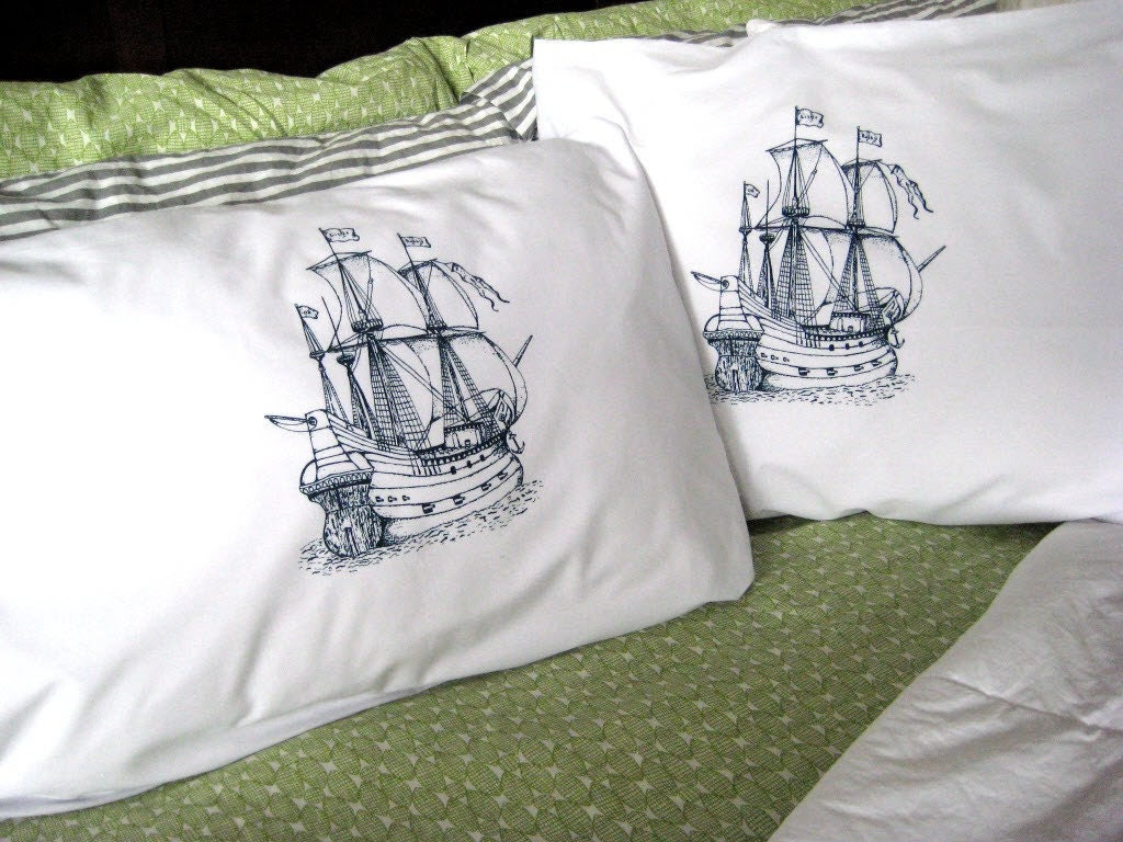 Screen Printed Nautical Pillow Cases (set of 2 standard) - Pirate Ship Pillow Covers - Eco Friendly Bedding - Nautical - ohlittlerabbit Screen Printed Nautical Pillow Cases (set of 2 standard) - Pirate Ship Pillow Covers - Eco Friendly Bedding - Nautical - ohlittlerabbit