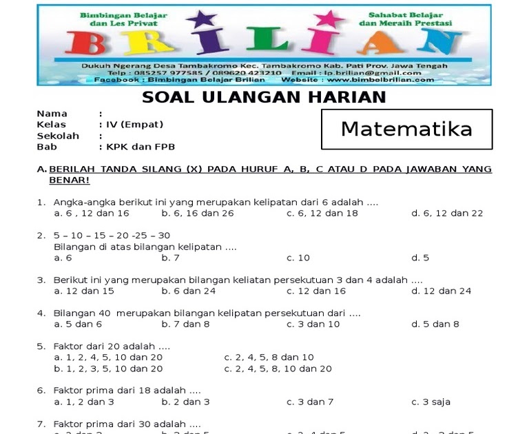 Contoh Latihan Soal: Soal Matematika Sd Kelas 6 Fpb Dan Kpk