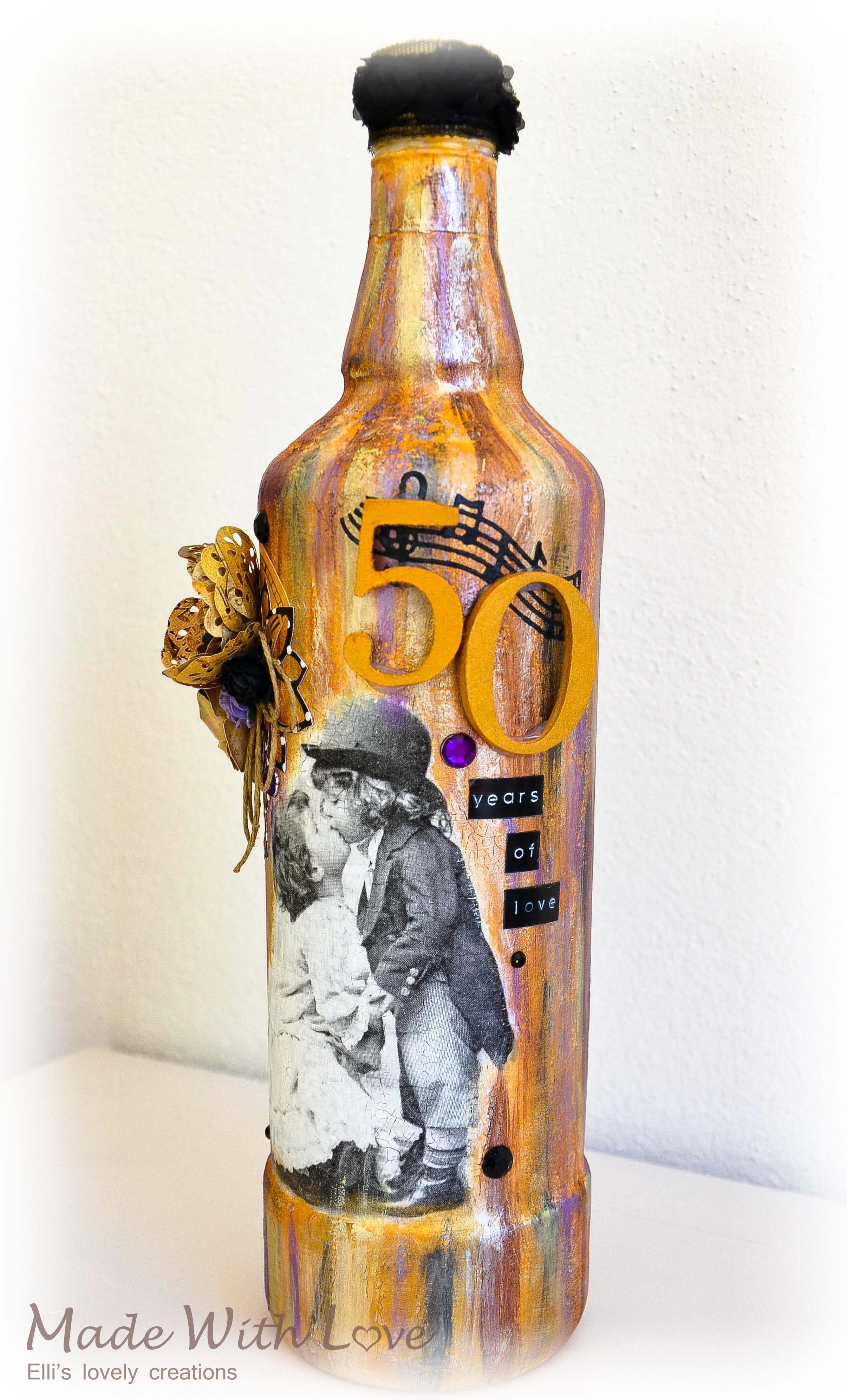 Mixed Media Decoupage Altered Bottle Golden Anniversary 3
