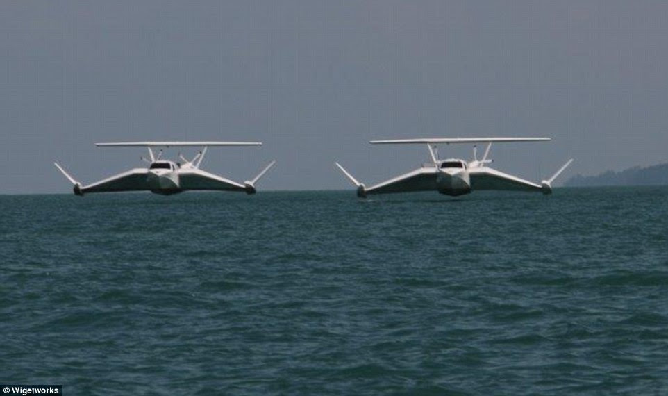 Wing-in-ground effect vehicles glide on a cushion of air, created by aerodynamic lift due to the ground effect between the vessel and the water, around half a metre to six meters (1.5 to 60 feet) above the surface
