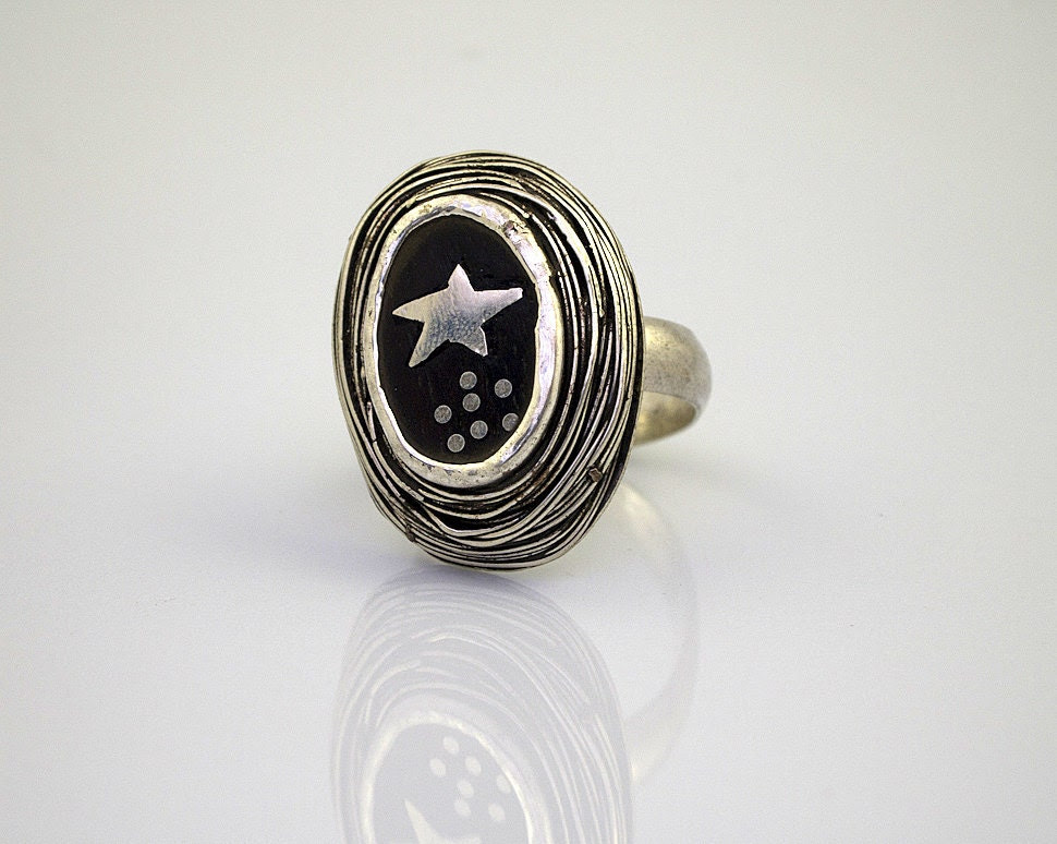 Starry Nights Ring  - Symbolized Jewelry -  Sterling Silver and Ebony Wood - Open Ring - serpilguneysudesigns