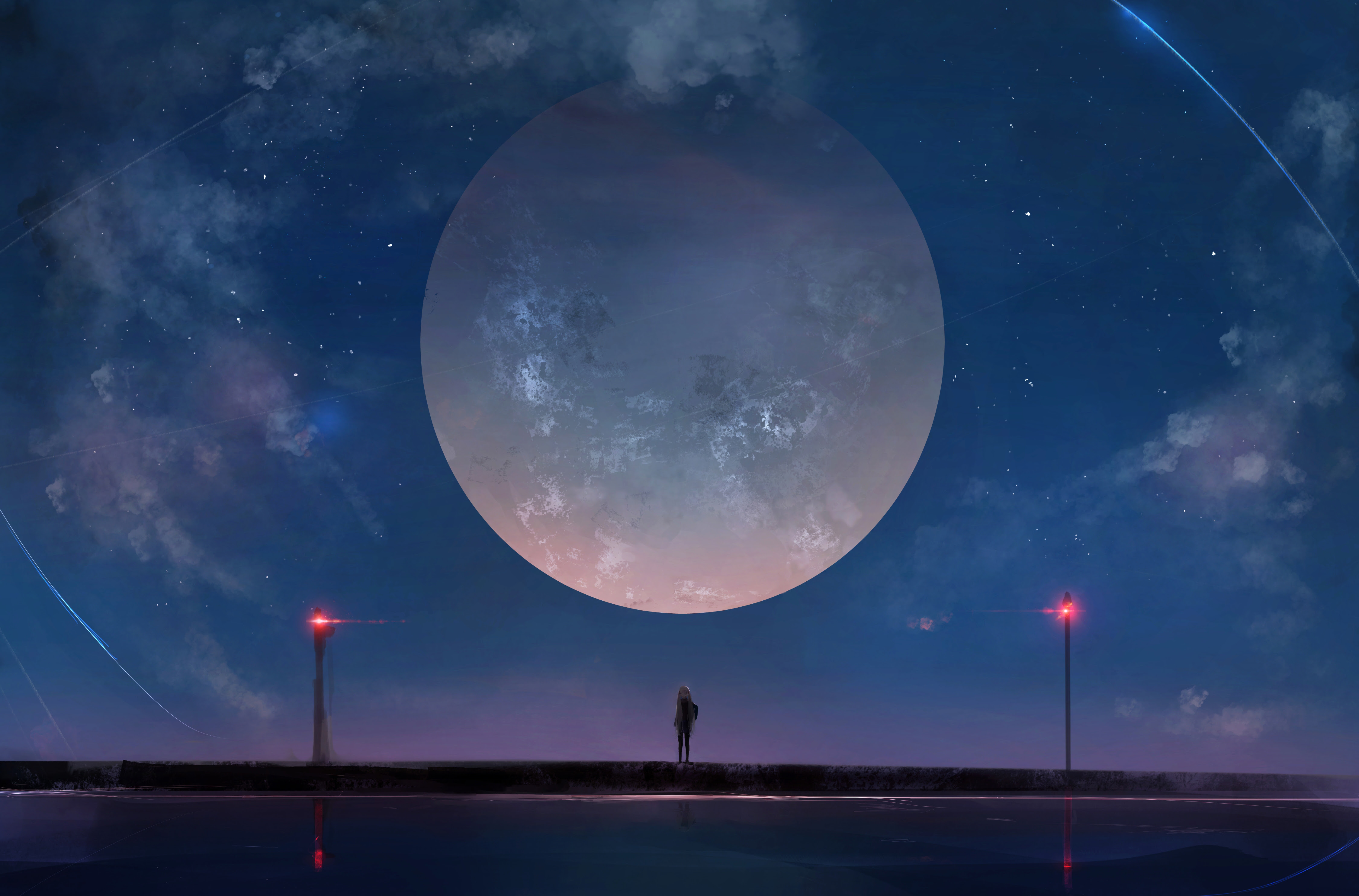 Huge Moon Anime Girl Night Sky Stars, HD Anime, 4k ...