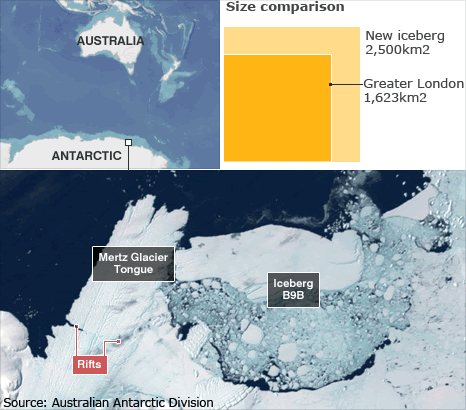 Satellite image of the Mertz Glacier, plus graphic comparing size of London with size of new iceberg