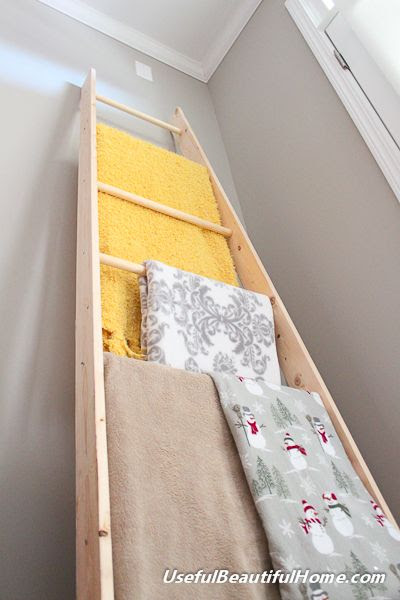 DIY ladder for organizing blankets