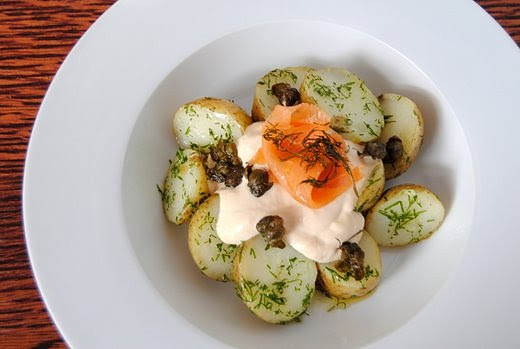 Dill Baby Potatoes with Smoked-Salmon Mayonnaise, Deep-Fried Capers and Frizzled Dill