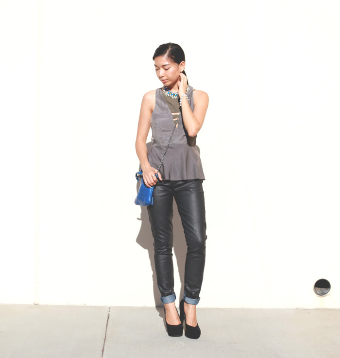 Stephanie Liu of Honey & Silk wearing Three of Something shirt, Rich & Skinny pants, Foley & Corinna Tiny City bag, and Pink and Pepper shoes