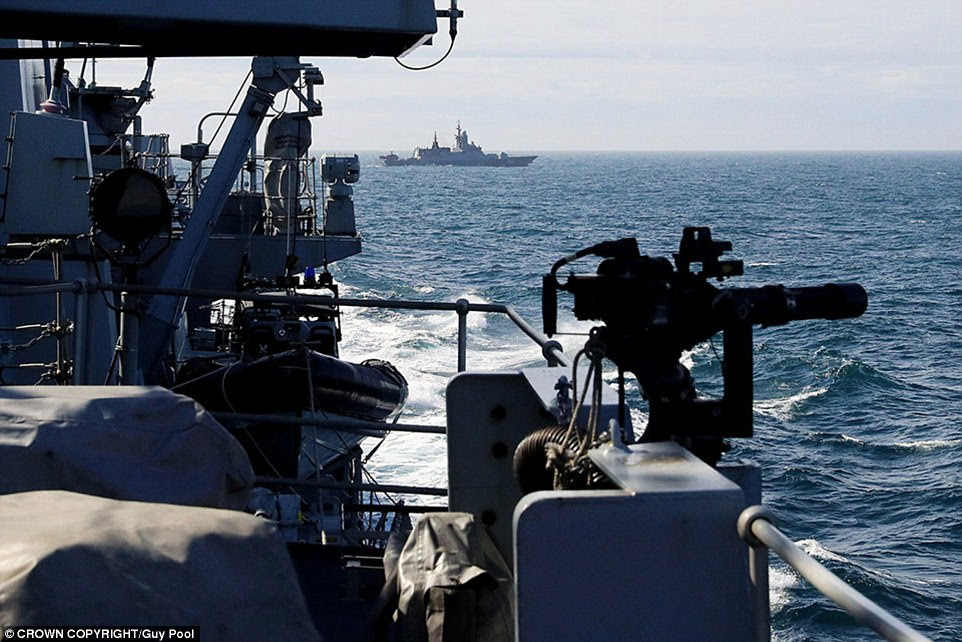 The Ministry of Defence said Royal Navy sailors will be keeping watch on every movement of the ships. Above shows another image of one of the ships