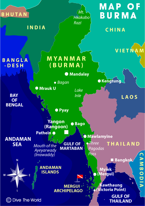 Myanmar Map: Yangon, Mandalay, Bagan - Dive The World