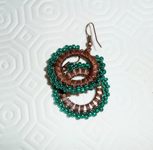 Copper earings, wire wrapped, oxidised, patinated, glass, teal, green, hoops, wire work, beaded, circle, spring, - mmgem Copper earings, wire wrapped, oxidised, patinated, glass, teal, green, hoops, wire work, beaded, circle, spring, - mmgem