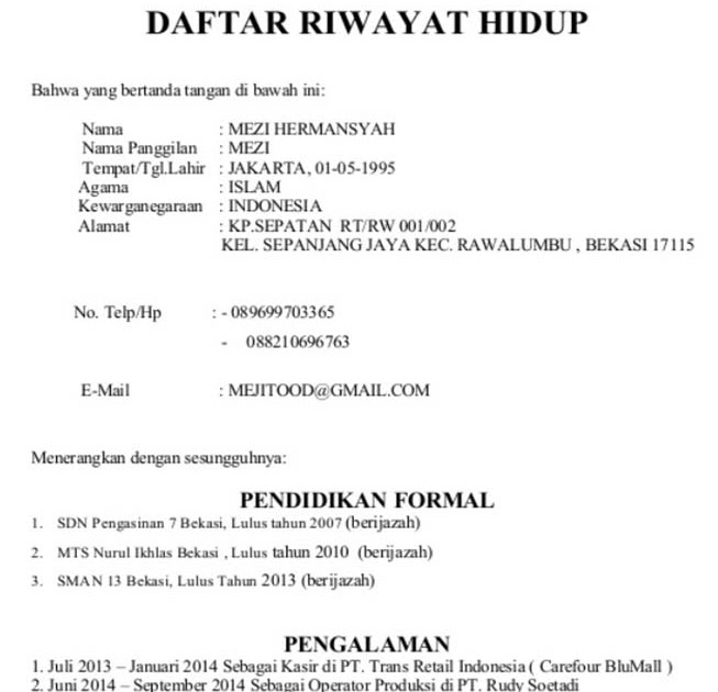 Contoh Surat Riwayat Hidup Yang Benar