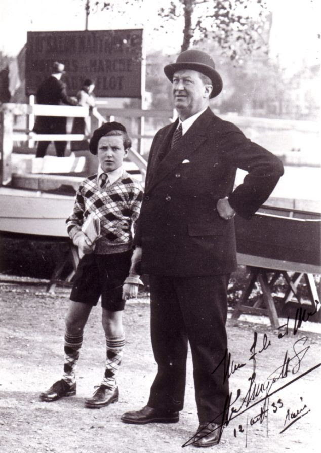 Ettore Bugatti, who helped build the Bugatti 100p, is pictured with his son Roland in 1933. The plane would have been fitted with two 450 horsepower engines and was designed to reach speeds approaching 500mph, a feat which had never at the time been achieved