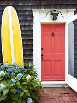 http://www.pinterest.com/pin/38984352994633648/ salmon door, hydrangeas, and a surf board