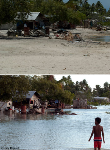 Kiribati, located in the central tropical Pacific Ocean, at low tide and high tide.