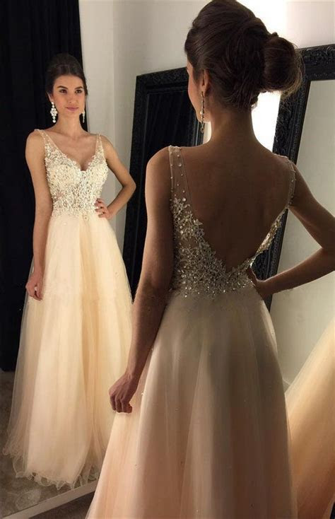 Sexy Backless Lace Evening Prom Dresses, Champagne Long Sexy Backless Lace Evening Prom Dresses, Champagne Long