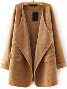 Khaki Lapel Long Sleeve Loose Sweater Coat