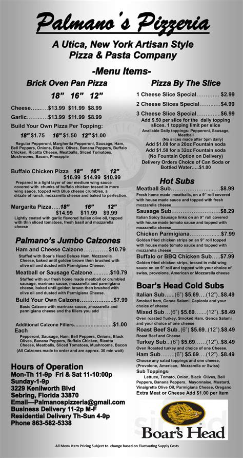Palmano's Pizzeria menu in Sebring, Florida, USA