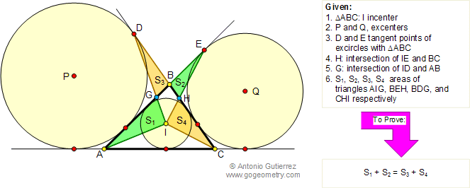 Problema de Geometría 117 (ESL): Triangulo, Incentro, Excentros, Circunferencias Exinscritas, Puntos de Tangencia, Área.