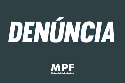 Arte retangular com fundo cinza escuro e a palavra Denúncia escrita em letras brancas, bem como a logomarca do MPF.