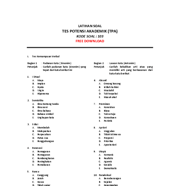 Contoh Soal Tes Psikotes Sma Taruna Nusantara Soalsoal