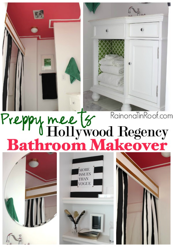 Preppy meets Hollywood Regency Bathroom Makeover via RainonaTinRoof.com #bathroom