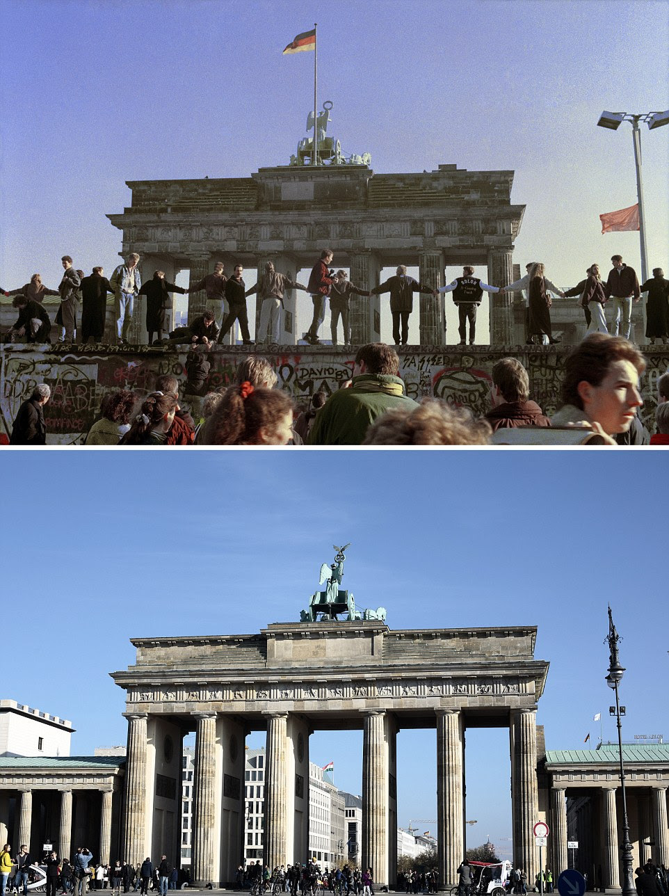 Changes: People started to pull down the Berlin Wall all after the East German Government allowed people to visit the West of the city on November 9, 1989. The top picture shows people dancing on the wall at the Brandenburg Gate in Berlin the day after the ruling, while the bottom image shows how the landmark looks 25 years on