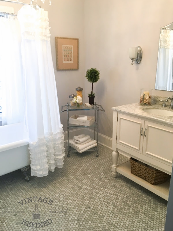 www.vintagerefined, Fab Friday Link party www.thepainteddrawer.com hexagon marble flooring, bathroom reveal, cottage bathroom, www.vintagerefined, Fab Friday Link party www.thepainteddrawer.com