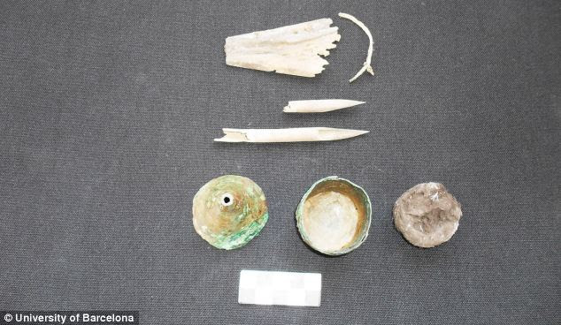 Tools of the trade: The team of archaeologists also found working tools of a scribe that were buried in the tomb. They include a metallic ink pot which is still full of ink and two new pens for the pens (pictured) for the deceased to write during the eternal life