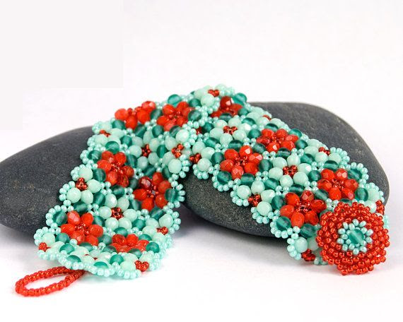 http://www.pinterest.com/pin/58828338857232941/ Flower Beaded Bracelet - Dynamic Teal and Red-Orange Beadwoven Crystal Cuff - Made-to-Order