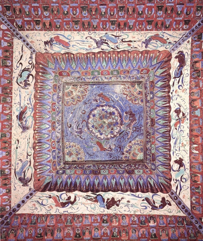 Pyramidal ceiling, Mogao Cave 329, Dunhuang. From the outside edges of “thousand buddhas” pattern moving inward and upward: <i>feitian</i> flying, holding offerings, and playing instruments; Central Asian motif pattern; <i>feitian</i> enciricling a mandala of highest heaven. Early Tang dynasty (618–704), mural painting. After Fan Jinshi and Zhao Shenglian, <i>The Art of the Mogao Grottoes</i>, Homa and Sekey Books, Princeton, NJ, 2004, p. 157