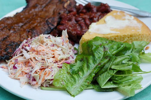July 4th Feast - grilled short ribs, BBQed beans, coleslaw, cornbread and green salad by Eve Fox, Garden of Eating blog, copyright 2011