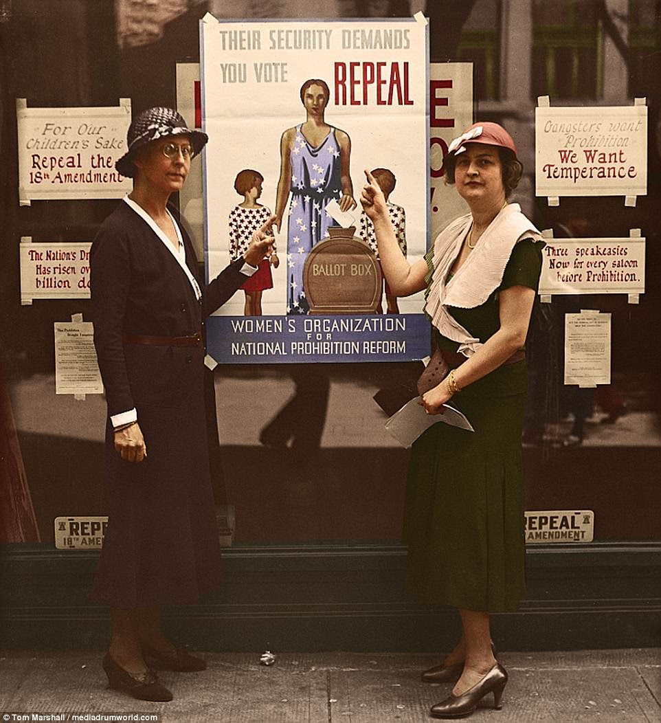 In 1933, Congress repealed the 18th Amendment and brought the Prohibition Era to a close following a large campaign to repeal the alcohol ban. Pictured above, women from the Women's Organization for National Prohibition Reform show off posters calling for Prohibition's reform