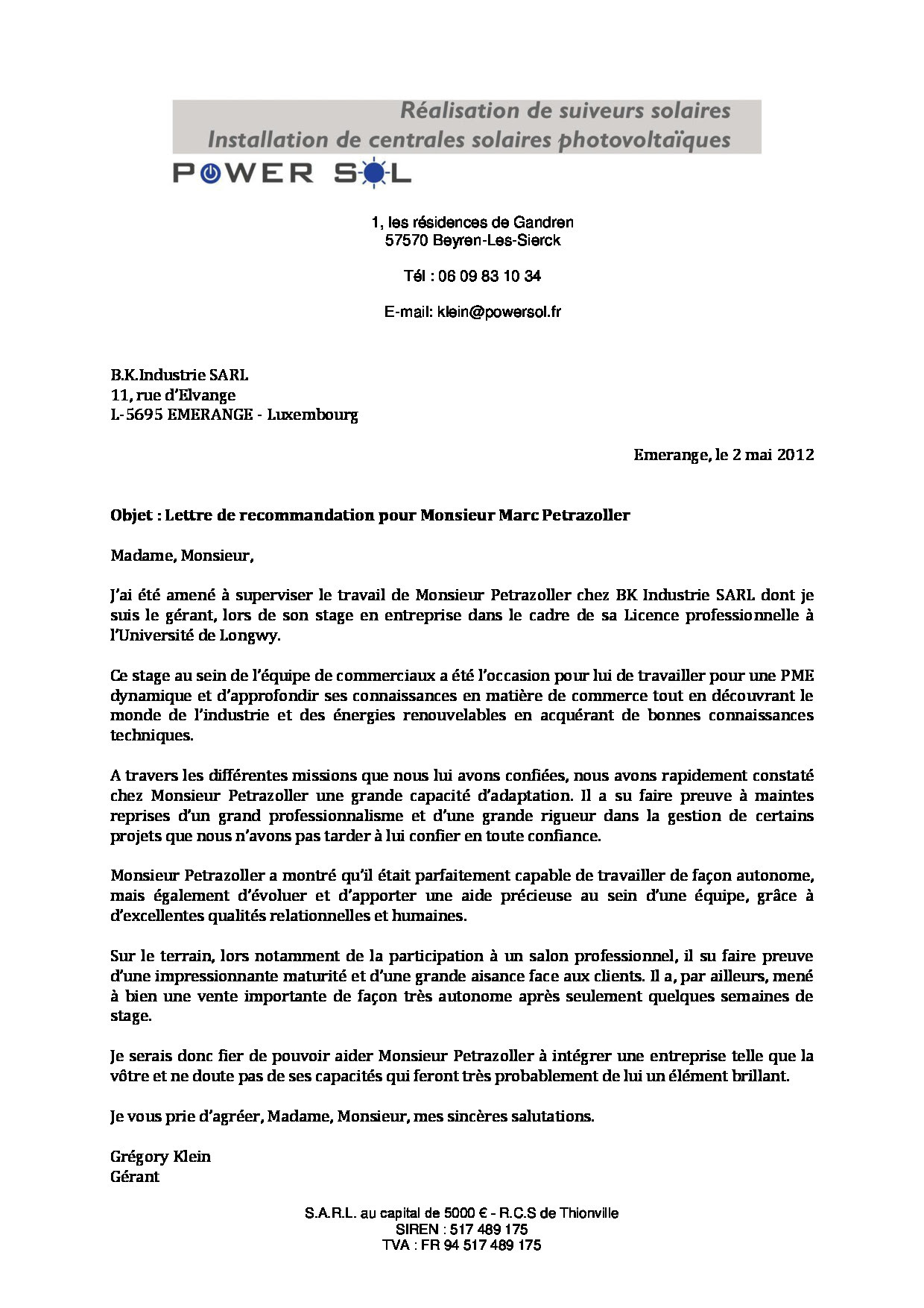 Lettre de recommandation professionnelle gratuite