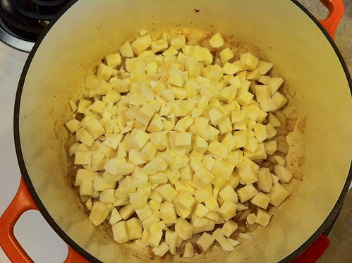 Parsnips Added to Sauted Onions in Dutch Oven