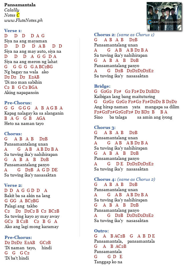 Pansamantala - Callalily Lyrics and Notes for Lyre, Violin, Recorder