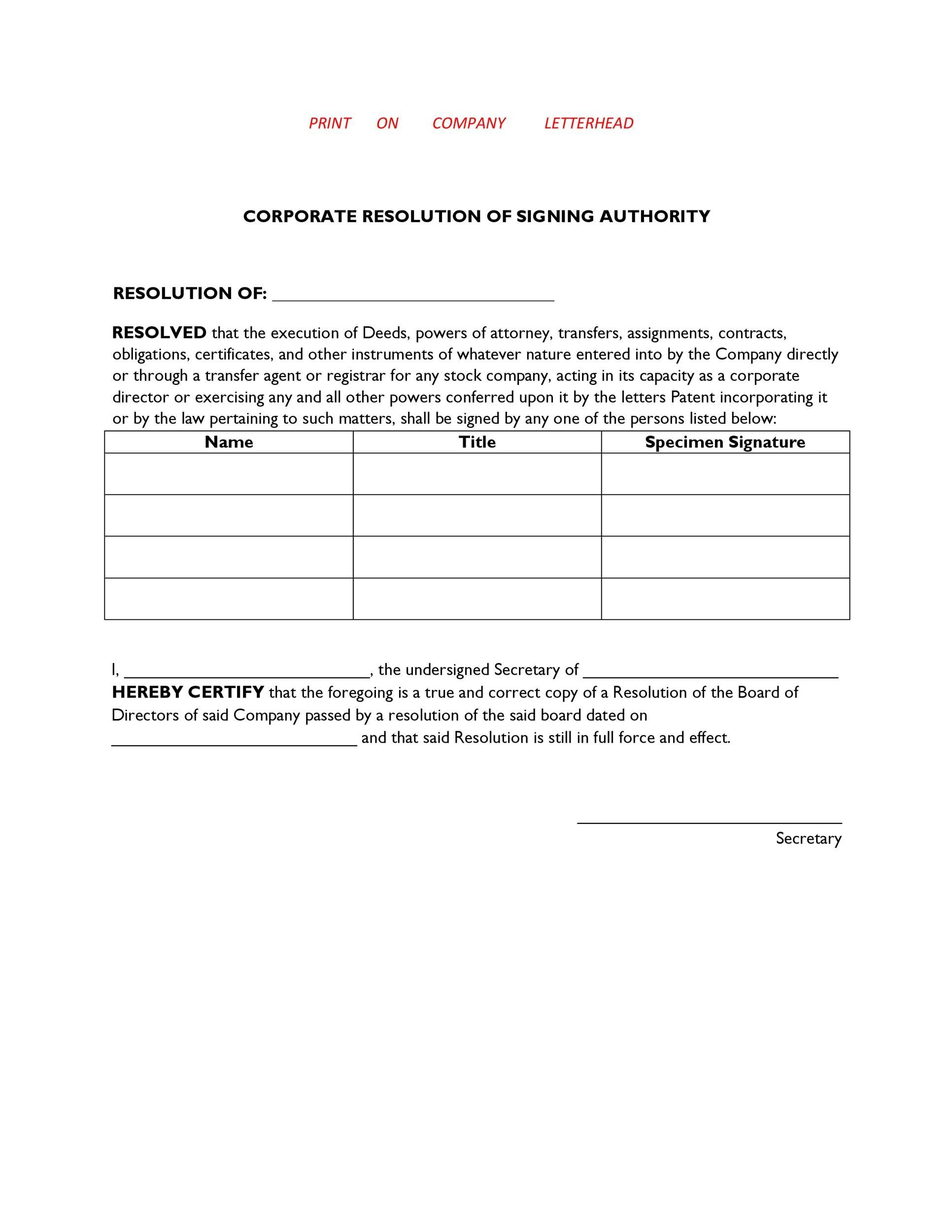 Corporate Resolution Signing Authority Sample HQ Template Documents