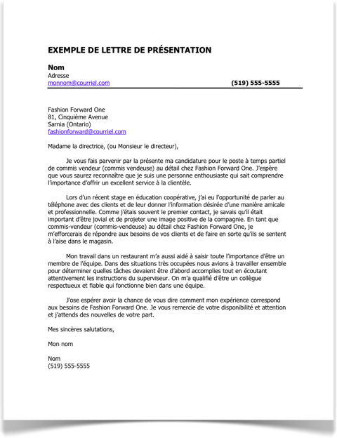 Letter Of Application Exemple Lettre D'introduction Pour Un Emploi