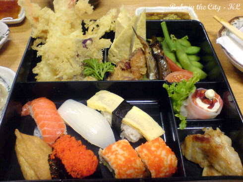Tempura + sushi + tofu + gyoza + shishamo + karaage + tamago+ edamame