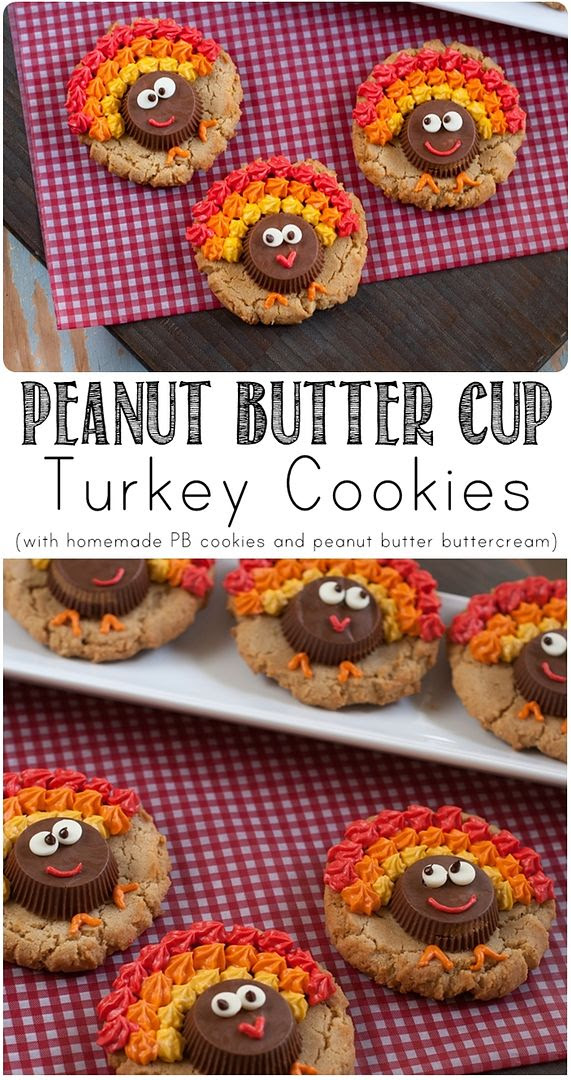 peanut butter cup turkey cookies ... SO cute for Thanksgiving! Made with homemade peanut butter cookies and peanut butter buttercream! | bakeat350.blogspot.com