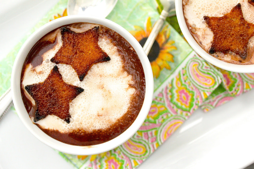 Dark Chocolate Soup with Cinnamon-Toasted Pound Cake Croutons #chocolateparty