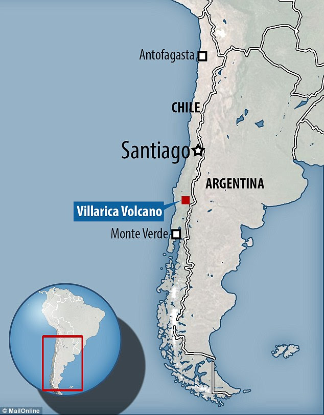 The Villarica volcano in southern Chile (shown on map) erupted on March 3, 2015, after a 35-year period of inactivity. A 'fountain' of lava erupted from the mountaintop nearly a mile (1.6 km) into the sky, spewing ash and debris and triggering bolts of lightning