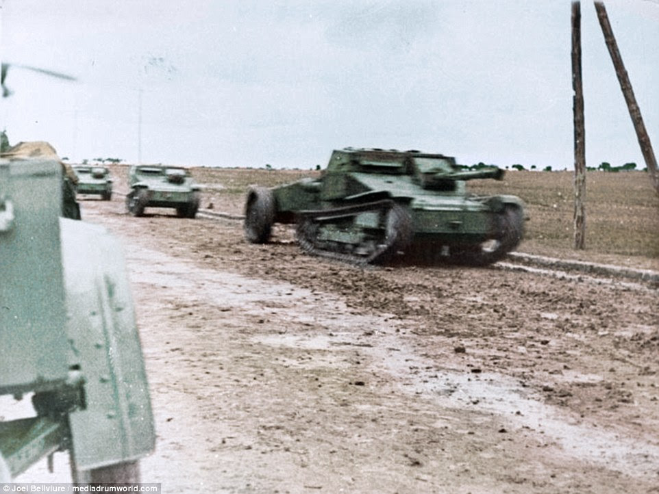Italian tankettes advancing with an Italian L3 Lf flame thrower tank in the lead at the Battle of Guadalajara, Spain, 1937. The battle, which marked yet another attempt by Franco's forces to surround Madrid, was the only registered defeat of Nationalists during the war