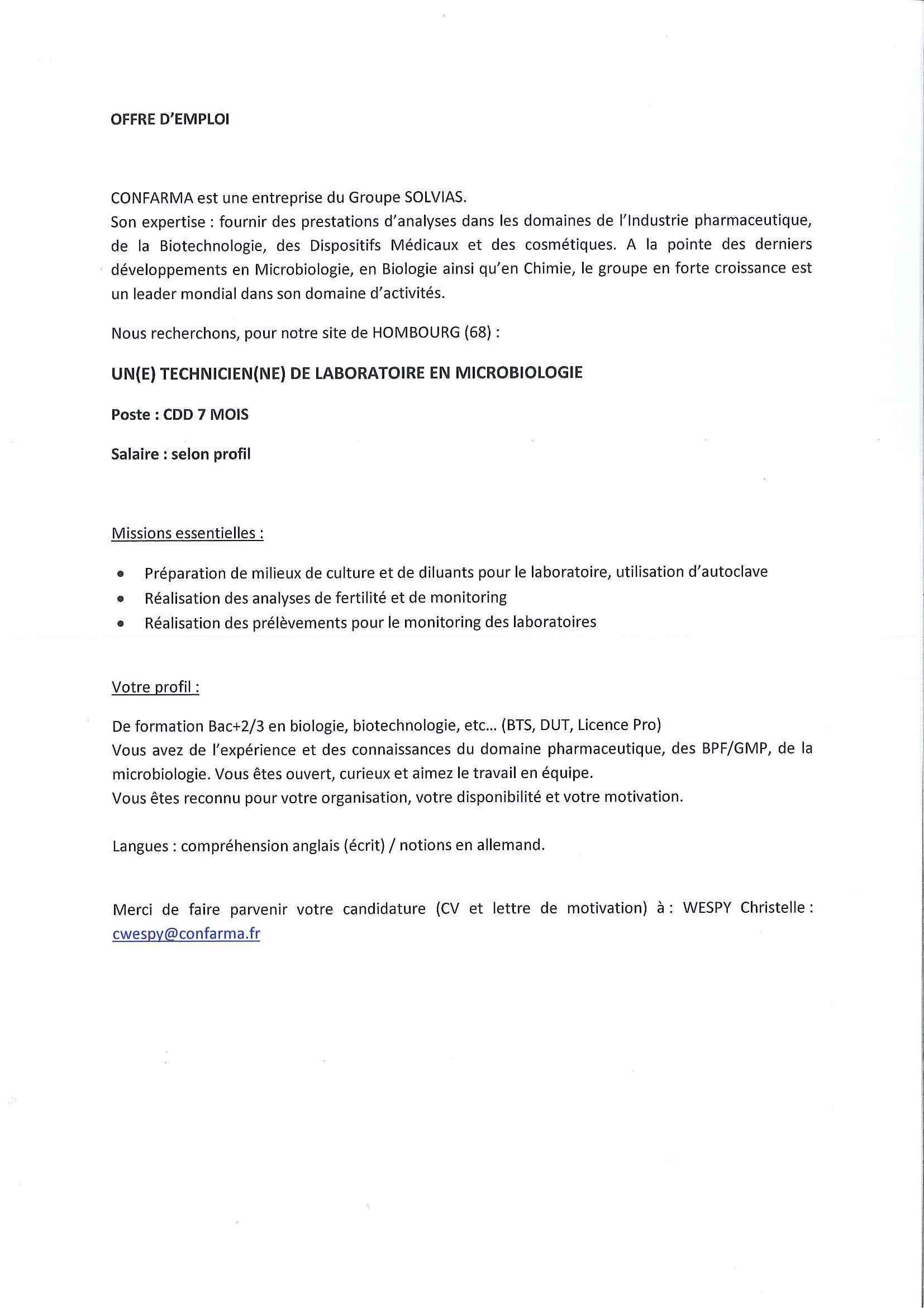 Lettre De Motivation Premier Emploi Technicien De Laboratoire