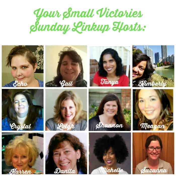 Your Small Victories Sunday Linkup Hosts: Mom's Small Victories, Sunshine and Sippy Cups, The Mad Mommy, Frugal & Coupon Crazy, Keystrokes by Kimberly, Tidbits of Experience, Hines-Sight Blog, Daily Momtivity, Oh My Heartsie Girl, O Taste and See, and One Hoolie Mama