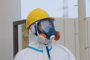 English: One of the gate guards in a hazmat su...